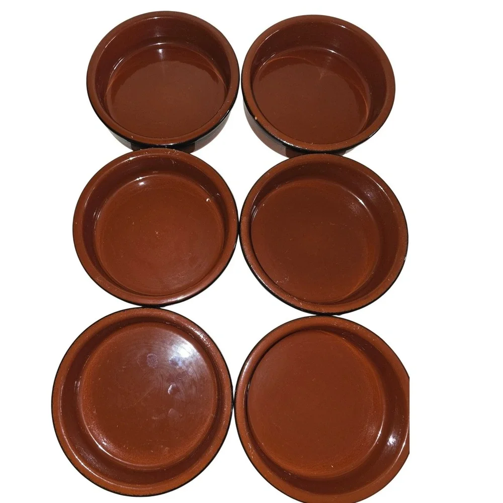 Set of 6 Terracotta Ramekins Glazed Ceramic Tapas Dishes Brown 4.5 Inch Round‎